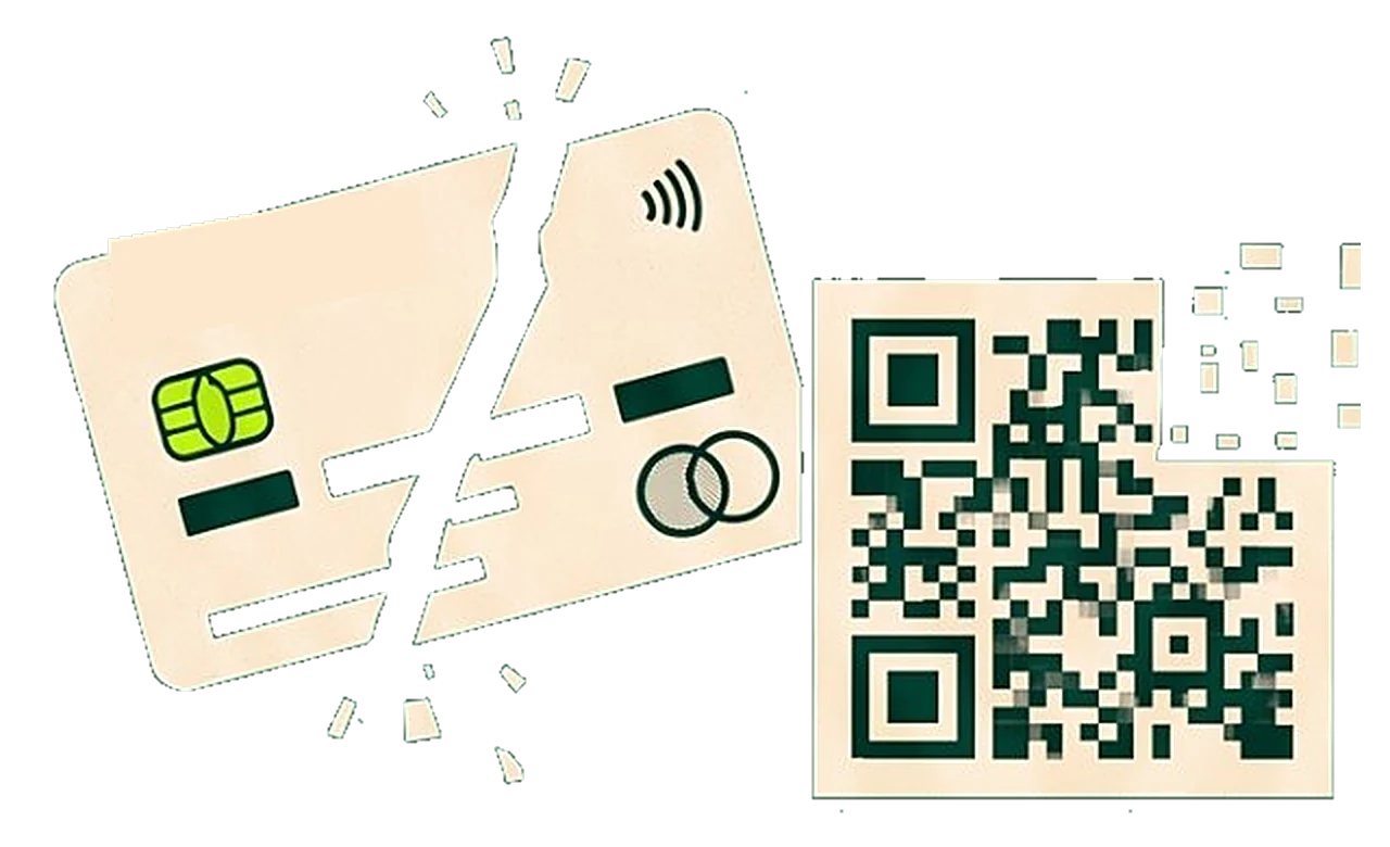 Tarjeta bancaria partida en dos junto a un código QR que se desarma en píxeles